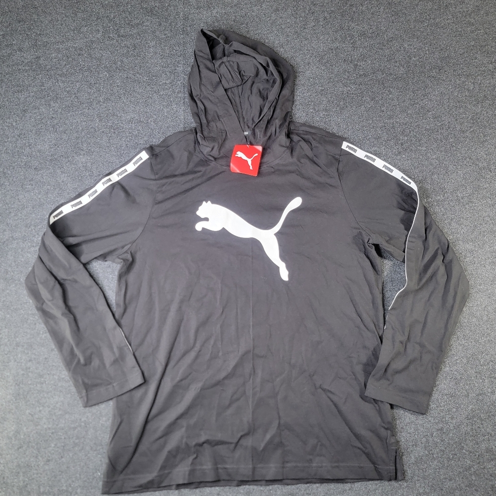 Puma Men's Long Sleeve Micro Tape Hoodie Tee Shirt Size Large Black White Cotton